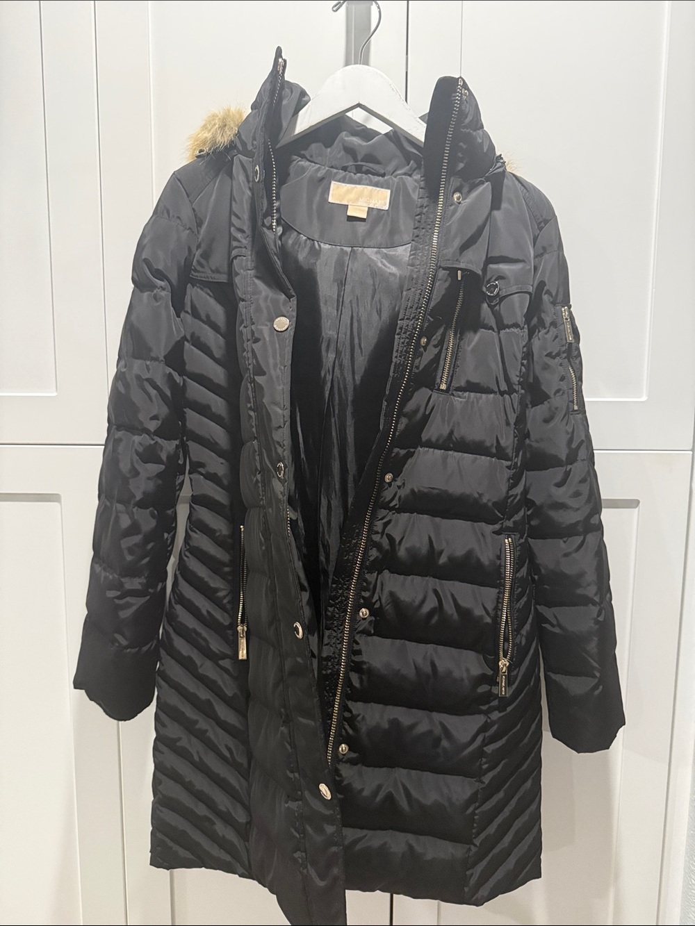 MICHAEL Michael Kors Black Quilted Long Puffer with Faux-Fur Hood Trim